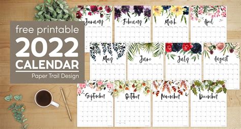Calendar 2022 Printable One Page Paper Trail Design