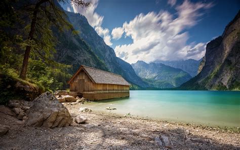 Landscape Nature Boat Houses Lake Summer Mountain Alps Clouds