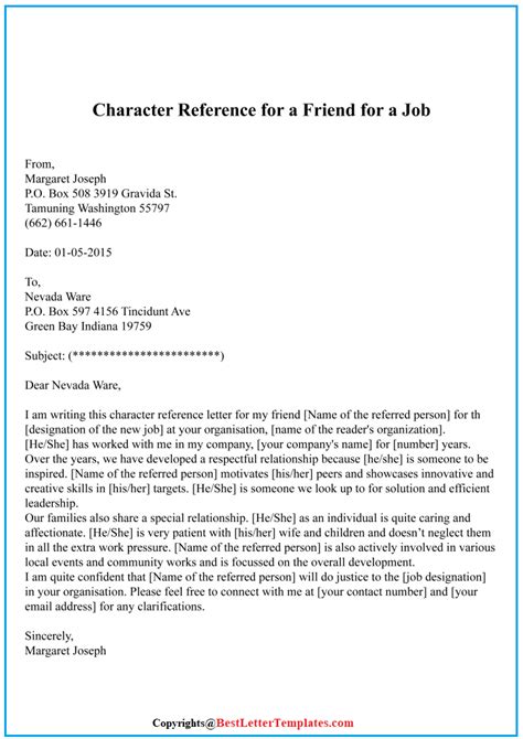 Character Reference Letter For Friend Format Sample And Example Best