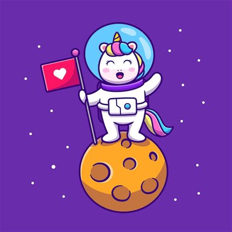 Free Vector Cute Unicorn Astronaut Holding Flag On Planet Cartoon