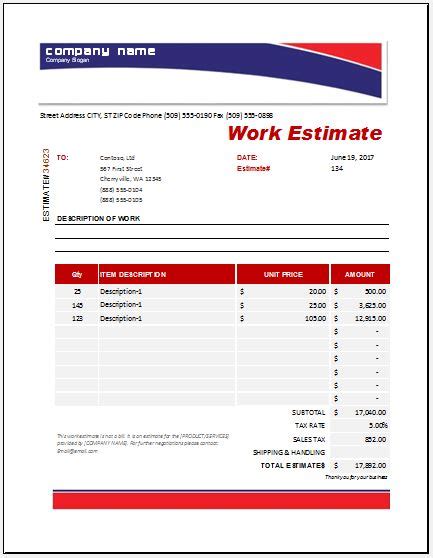 Work Estimate Templates For Ms Excel Word And Excel Templates