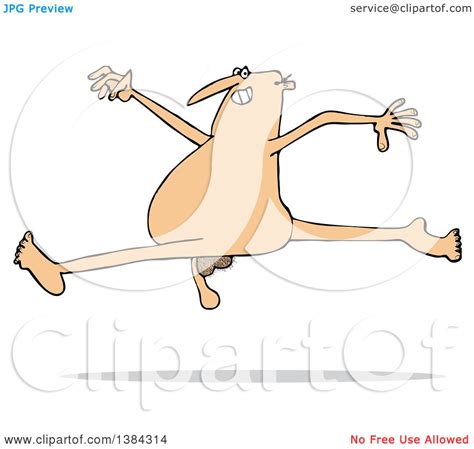 Clipart Of A Cartoon Carefree Nude White Man Leaping Royalty Free