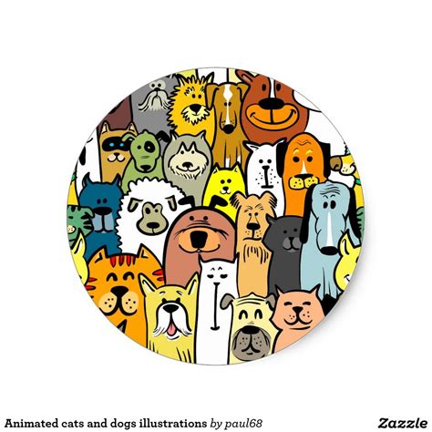 Animated Cats And Dogs Illustrations Classic Round Sticker Zazzle