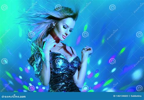 Fashion Model Woman Dancing In Neon Light Disco Dancer Posing In Uv Colorful Light Stock Image