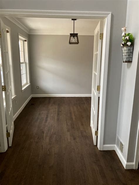 Dark Walnut Hardwood Floors In 2021 Grey Walls White Trim Grey House