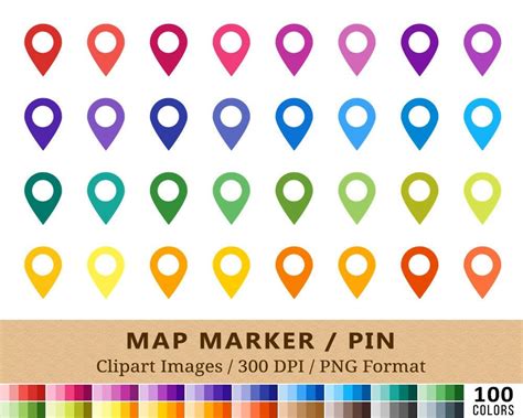 100 Map Location Markers Clipart Map Pin Clip Art Rainbow Colors