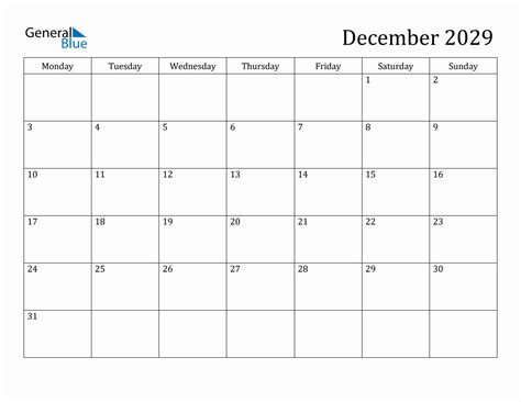 December 2029 Monthly Calendar