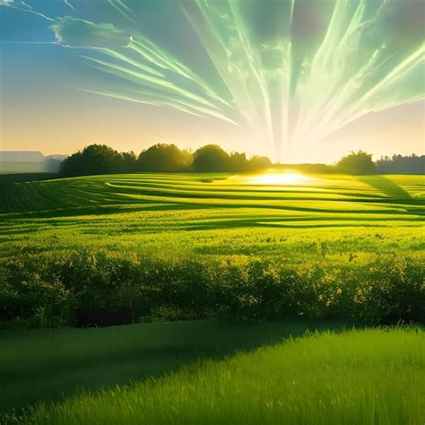 Premium Ai Image Photo Green Fields Sunrise With Sunrays 0