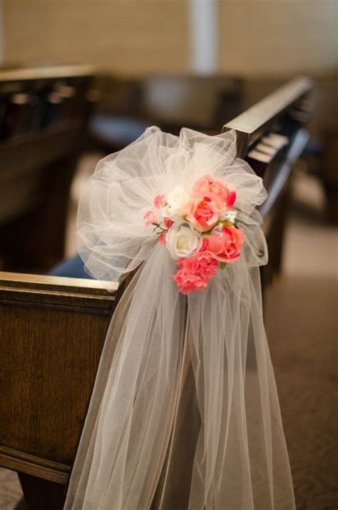 coral flowers chair decor, ivory white chiffon decor for church wedding