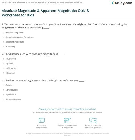 Absolute Magnitude & Apparent Magnitude: Quiz & Worksheet 