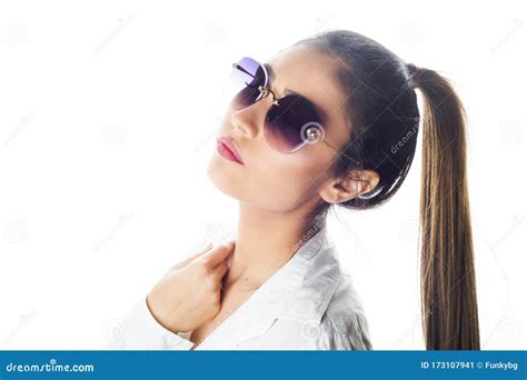 Portrait Of Young Beautiful Girl Posing In Sunglasses Stock Image Image Of Beautiful Brunette