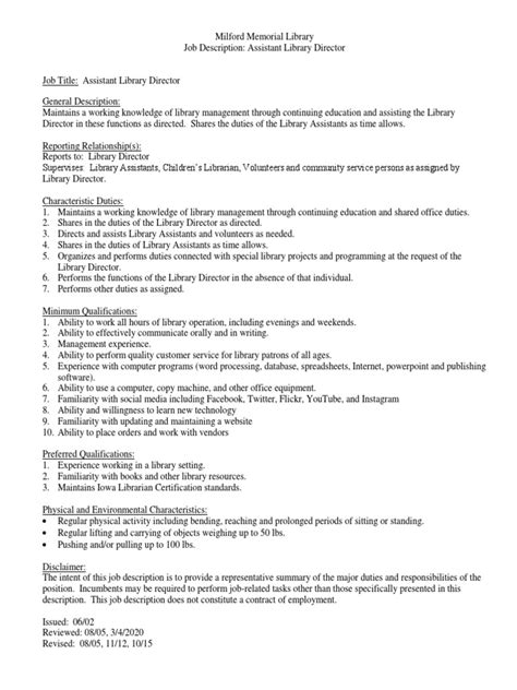 Assistant Director Job Description Pdf Libraries Communication