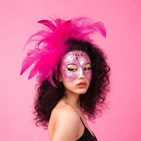 Premium Ai Image A Woman Wearing A Pink Mask With A Pink Feather On It On Pink Background