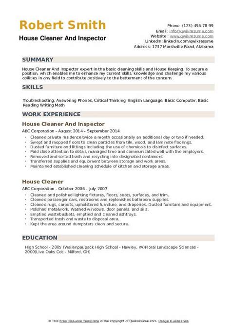 To write a great resume for the cleaner job, you need to adopt a. House Cleaner Resume Samples | QwikResume