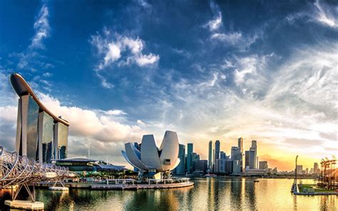 Download Wallpapers Singapore 4k Panorama Marina Bay Sunset