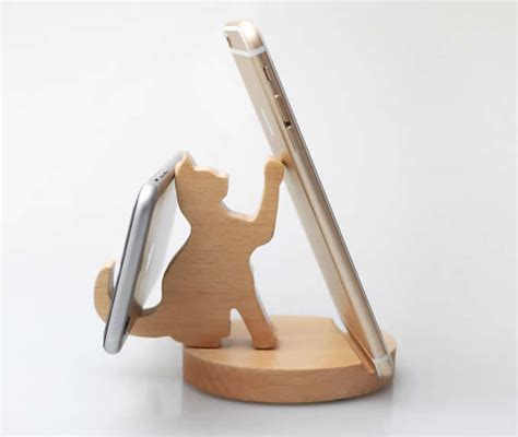 Wooden Cat And Dog Cell Phone Ipad Stand Holder Feelt