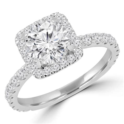 Round Cut Diamond Square Halo 4 Prong Multi Stone Engagement Ring In