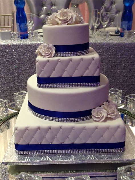 Royal Blue Trimmed 4 Tier Round And Square Wedding Cake Navy Blue