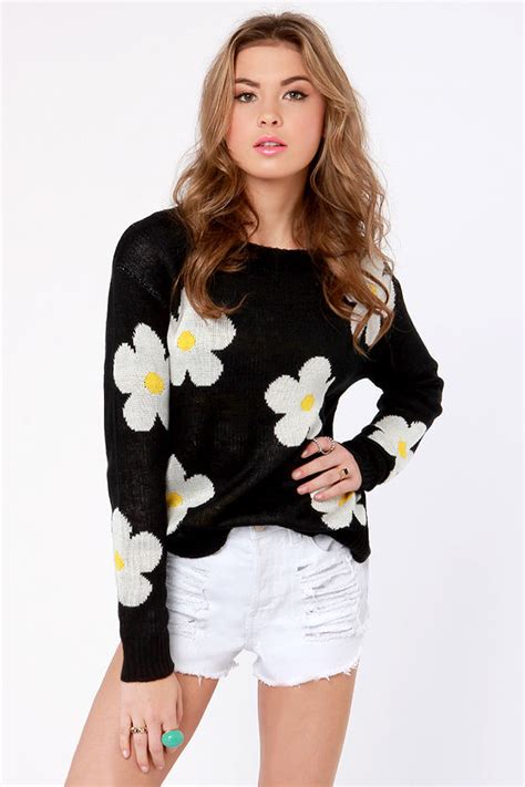 Cute Black Sweater Print Sweater Floral Sweater 4500