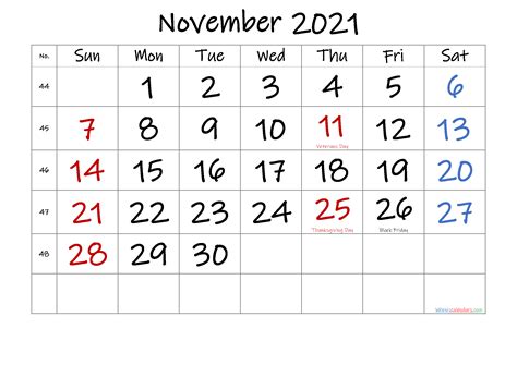 November 2021 Calendar Printable
