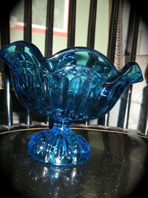 Vintage sooner glass hand blown sommerso art glass light blue swan bowl dish mcm. BLUE GLASS COMPOTE Bowl Dish Vintage Large Scallop Footed ...