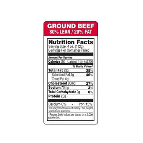 GROUND BEEF Nutrition Facts Label 80 LEAN 20 Fat 1 5 X 3 Rectangle