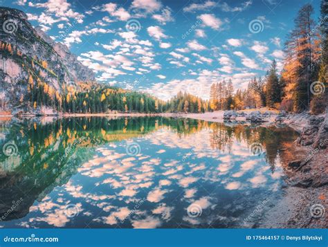 Beautiful Reflection In Braies Lake At Sunrise In Autumn Stock Image