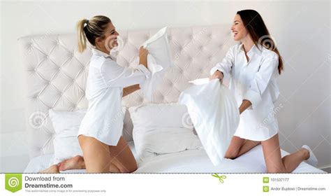 Two Beautiful Girls Having Fun On Bed Stock Image Image Of Beauty