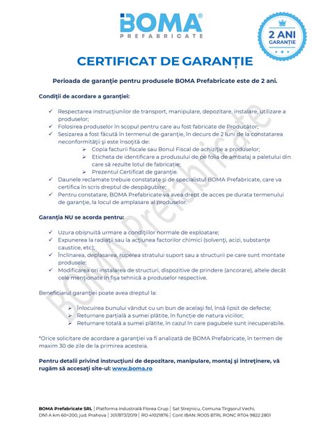 Certificat De Garantie Pentru Produsele Boma Prefabricate Certificare