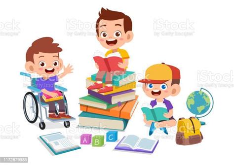 Happy Kids Read Book Study Together Stock Illustration Download Image