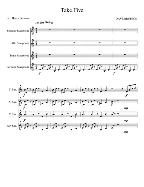Take Five Saxophone Quartet Sheet Music For Soprano Saxophone Alto