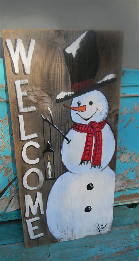 Snowman Welcome Wood Sign Hand Painted Front Porch Decor Christmas Art