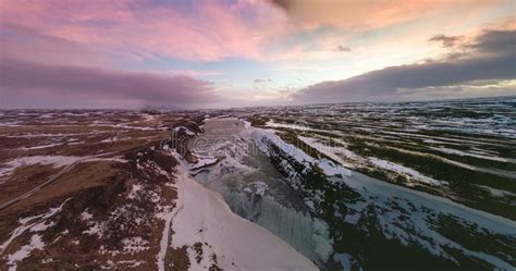 Aerial View Panorama Of Gullfoss Waterfall With Pink Dawn Sky In