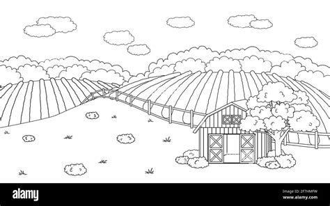Black White Summer Spring Farm Doodle Concept In Countryside Cartoon