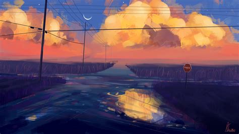 Download 1920x1080 Anime Landscape Sunset Scenic Clouds