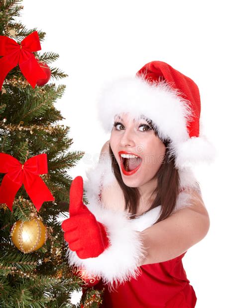 Christmas Girl In Santa Hat With Thumb Up Stock Image Image Of Green Ball 12065907