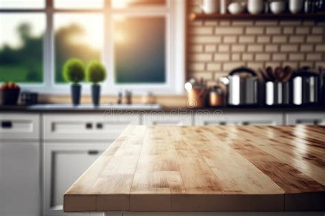 Wood Table Top On Blur Kitchen Room Background Generative Ai Stock