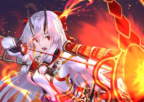 Download Fire Horns Red Eyes White Hair Arrow Bow Tomoe Gozen Fategrand Order Anime Fate