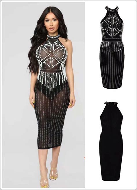 High Quality Black Sleeveless Beading Hollow Out Celebrity Rayon Bandage Dress Sexy Party Dress