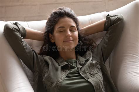Calm Female Relax In Chair At Home Sleeping Stock Image Image Of