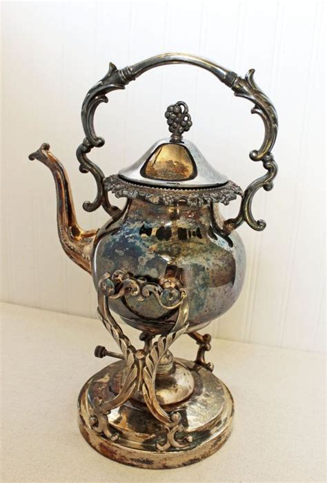 Vintage Silver On Copper Tipping Tea Pot Kerosene Warmer Tea Pot