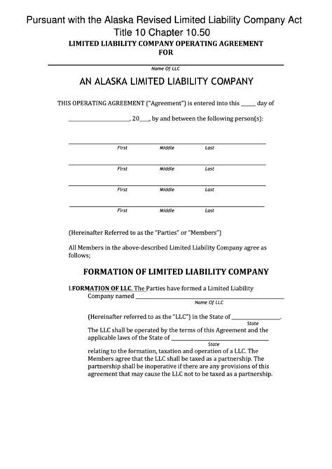 Fillable Limited Liability Company Operating Agreement Printable Pdf