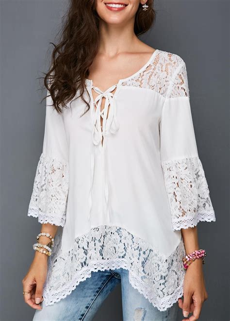 white lace panel asymmetric hem blouse g205858 blusas femininas