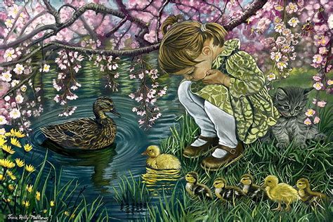A Mothers Love Ducks Chicken Painting Trees Flowers Girl Spring