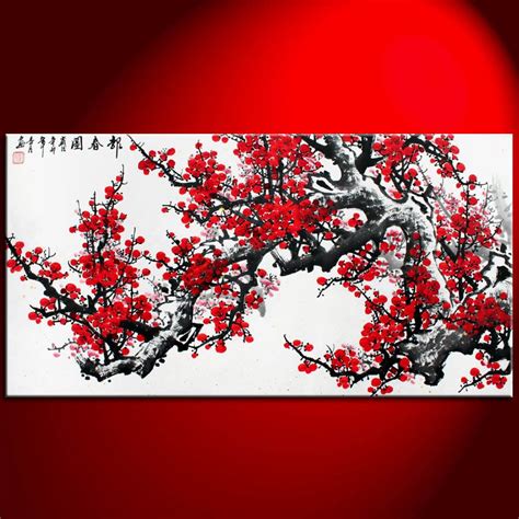 48 Feng Shui Red Cherry Blossom Handmade Modern Asian Art Watercolor