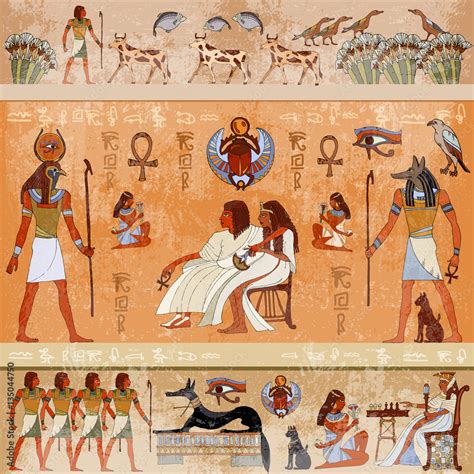 Ancient Egypt Scene Mythology Egyptian Gods And Pharaohs Stock Vector