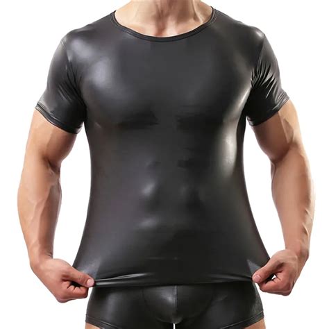 Strong Mens Hot Sexy Faux Leather Black T Shirt Short Sleeves Tops For Male Gay Wear T Shirts