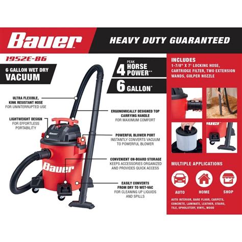 Bauer 6 Gallon 4 Horsepower Wet Dry Vacuum - Tool Craze