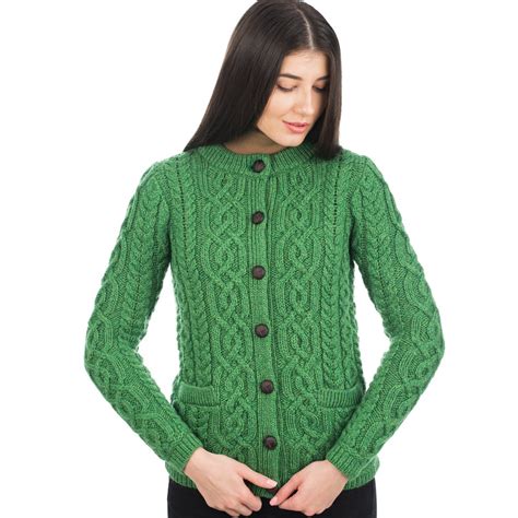 Saol Button Up Cardigan Sweater 100 Merino Wool Aran Cable Knitted