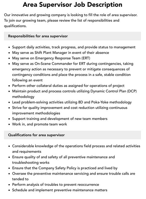 Area Supervisor Job Description Velvet Jobs